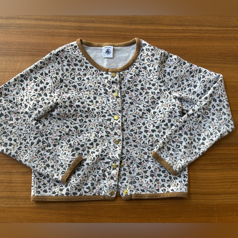 Petit Bateau Baby Cardigan with Mustard Trim and Floral Print